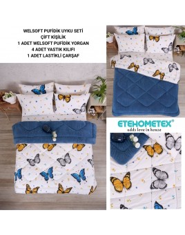 ETE HOMETEX ÇİFT KİŞİLİK WELSOFT UYKU SETİ KELEBEK İNDİGO 8696474231981